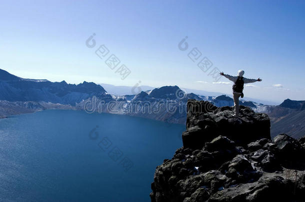 登山者与湖泊