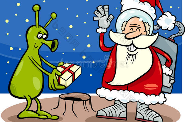 圣诞老人与外星人卡通插画