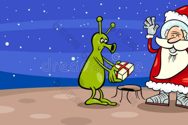 带外星人<strong>卡通贺卡</strong>的圣诞老人