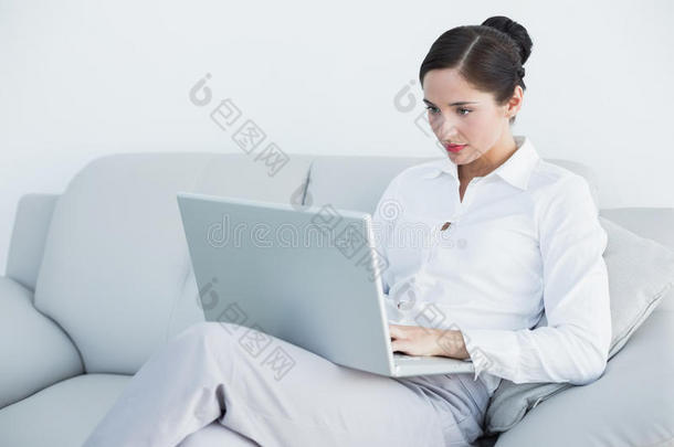 衣冠楚楚的女人在沙发上用笔记本电脑