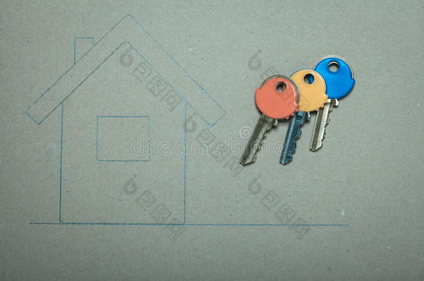 手绘房屋和钥匙、房地产和建筑