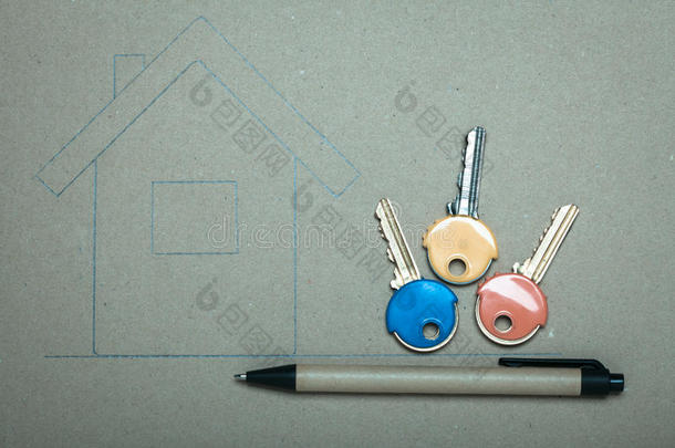 手绘房屋和钥匙、房地产和建筑