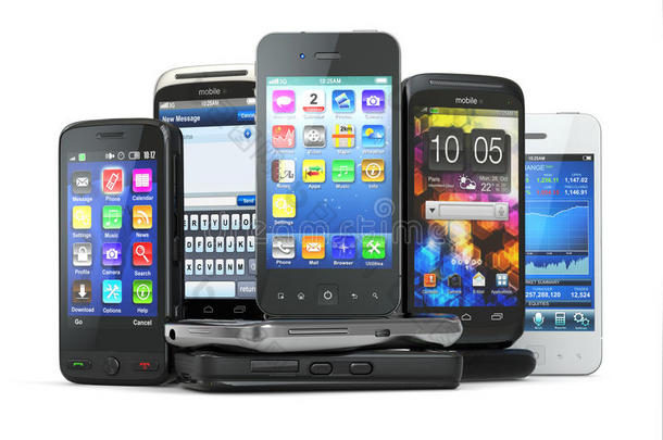 选择手机。一堆新手机。