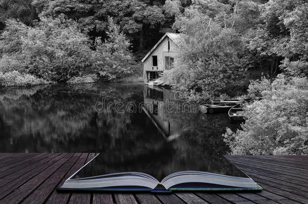 本书创意概念页黑白复古风格废弃船屋和划艇景观图片隐藏在