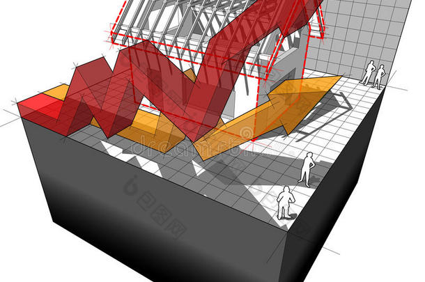正在建设中的带有上升商业箭头的房屋示意图