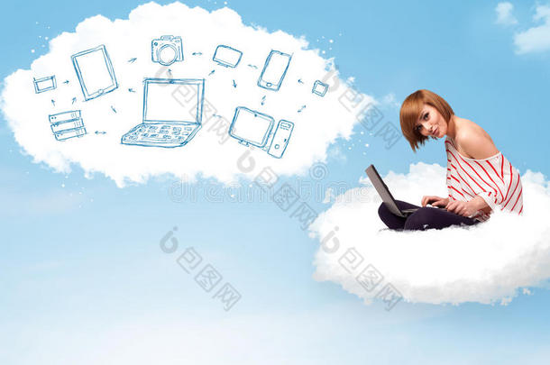 坐在云<strong>端</strong>的年轻女人拿着笔记本<strong>电脑</strong>