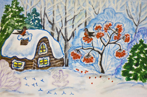 冬季景观，有房屋和灰烬树，绘画