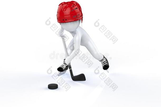 一个戴着红色冰球头盔，在白色背景下滑冰的3d男人。