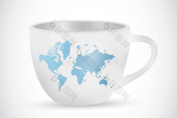 世界地图咖啡杯插画设计