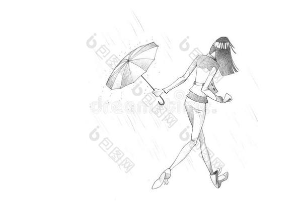 铅笔插图，年轻女子避雨图