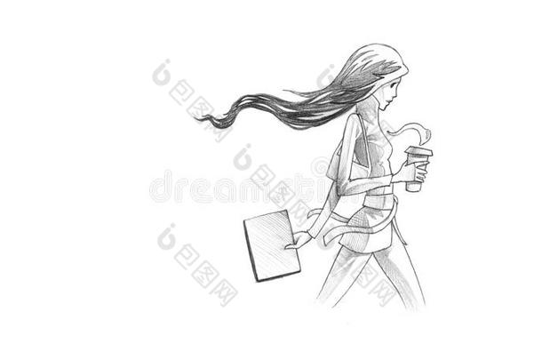 铅笔插图，画着一个年轻女人和她的咖啡
