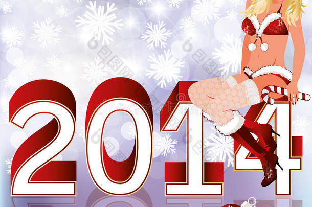 带圣诞女孩的2014年新年贺卡