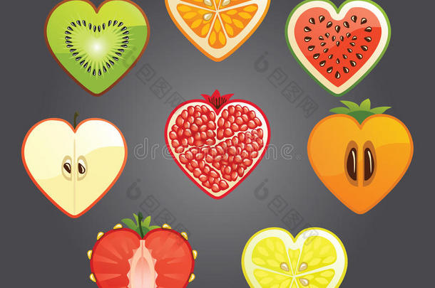 心形的不同水果、浆果的切片