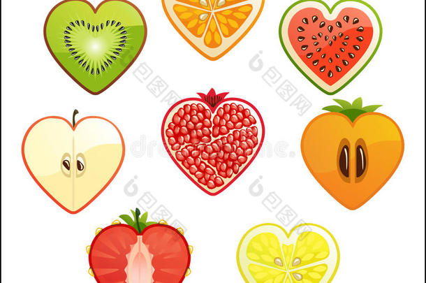 不同水果和浆果的切片，形状为心形。白色背景。