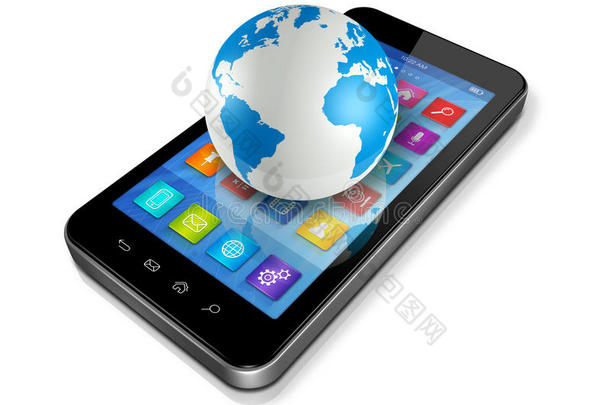 智能手机，带有应用程序图标和world globe