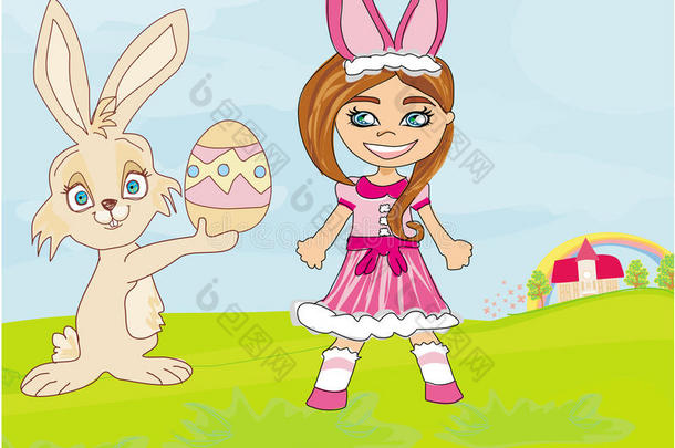 穿着兔子服装和可爱的复活节兔子的女孩