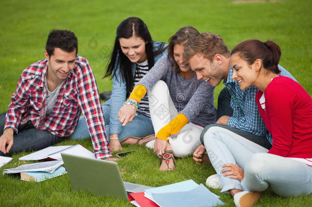 五个学生坐在草地上指着笔记本电脑