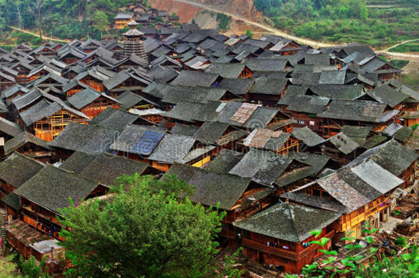 中国的亚洲村庄，瓦房。