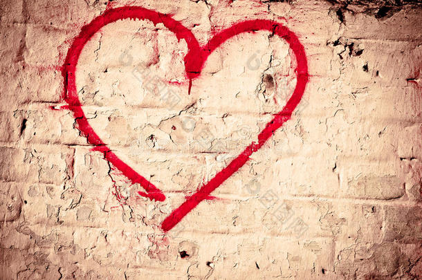 红爱心手绘砖墙粗纹理背景