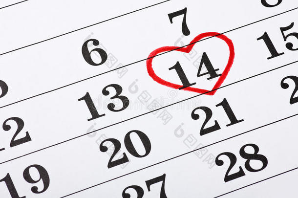 日历上的2月14日，情人节红心环绕