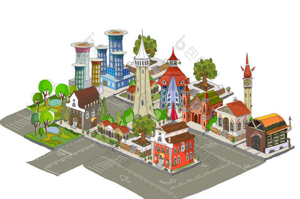 城市图标，建筑，公园细节部分