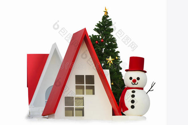 雪人，小房子和圣诞树