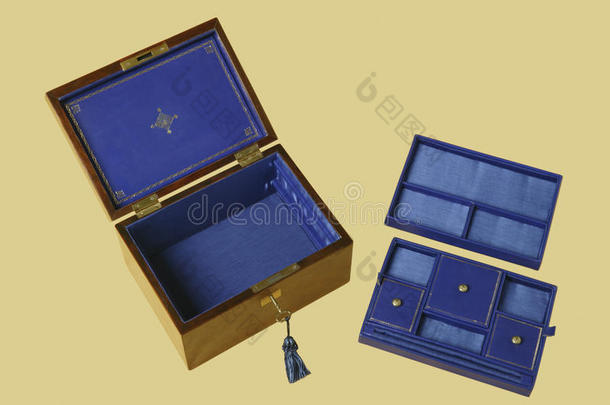 蓝色天鹅绒上有隔层的旧珠宝盒