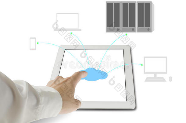 平板电脑上的触摸云图标，用于连接云计算服务