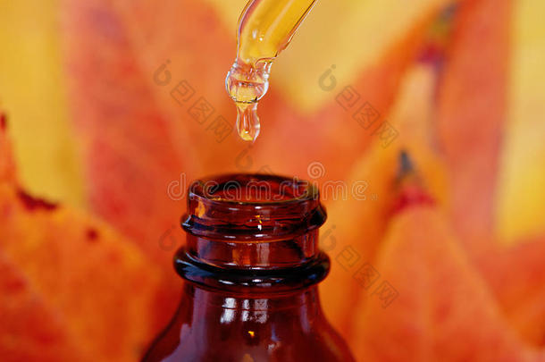 天然精华-琥珀瓶，水滴，落叶