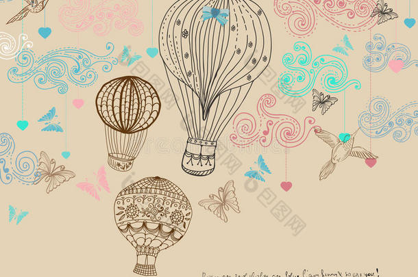 情人节插图，空中热气球，手绘背景设计