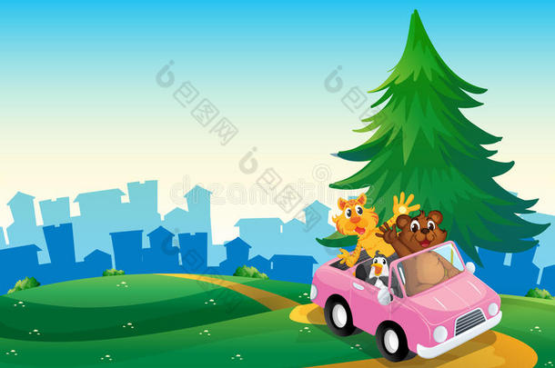 有动物在山顶奔跑的粉红色汽车