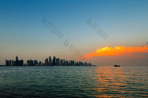卡塔尔多哈：城市上空美丽的日落云