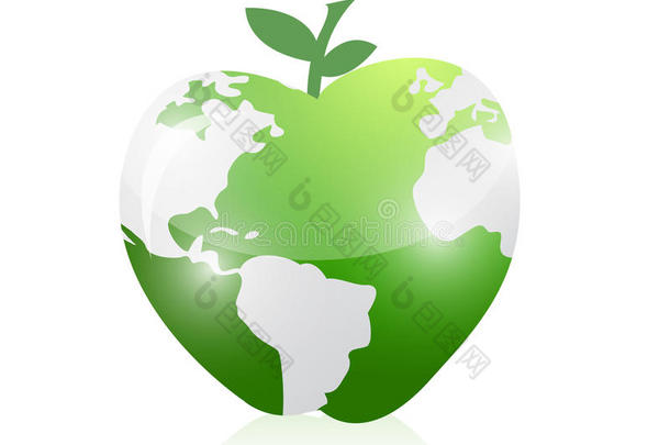 绿色世界地图苹果插画设计