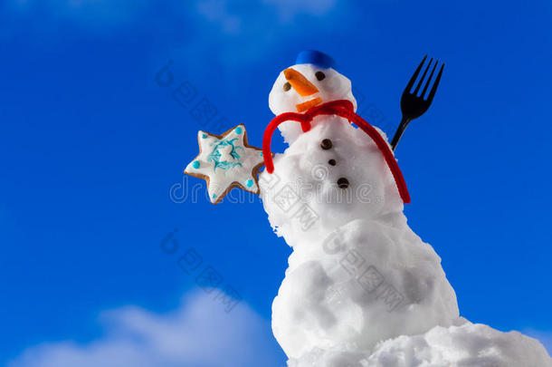 圣诞快乐小雪人与饼干星户外。冬季。