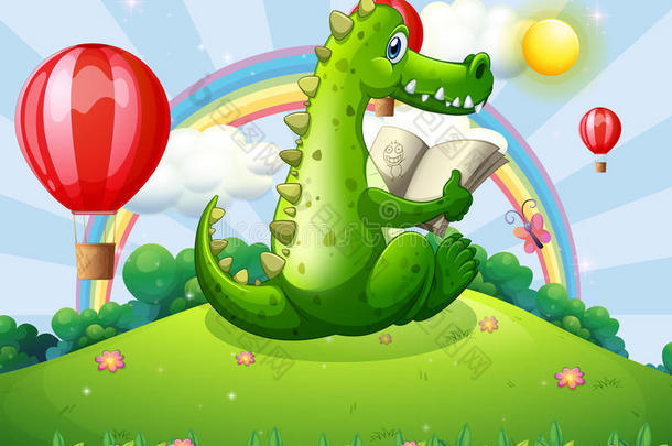 一只鳄鱼带着彩虹在山顶读书