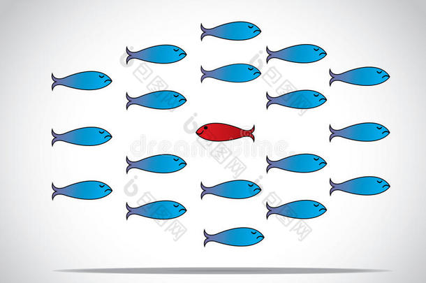 聪明、独特、快乐的小鱼与团队对抗-概念设计插图激励领导者