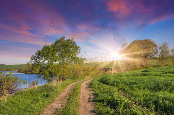 <strong>湖边</strong>公路的<strong>夏日</strong>日出