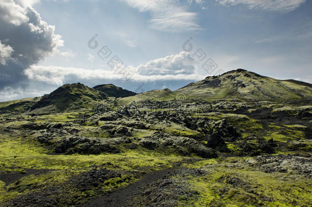 冰岛拉卡吉加地区布满<strong>苔藓</strong>的岩石间的小路