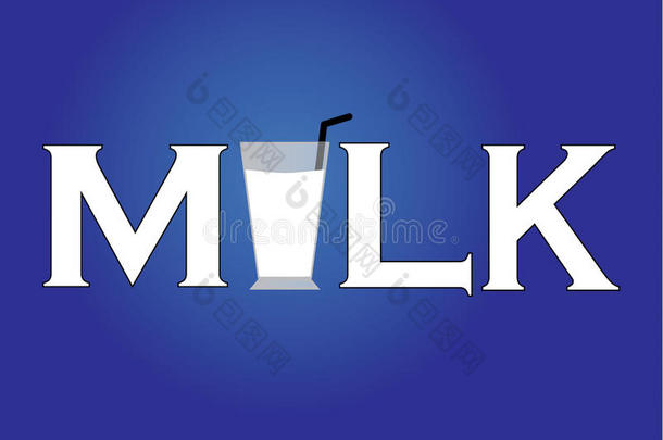 牛奶图标或带有文本的符号和带有蓝色背景的吸管的牛奶杯-概念设计插图不寻常的艺术