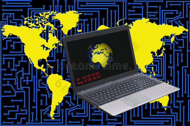 背景为电子线路和世界地图的笔记本电脑