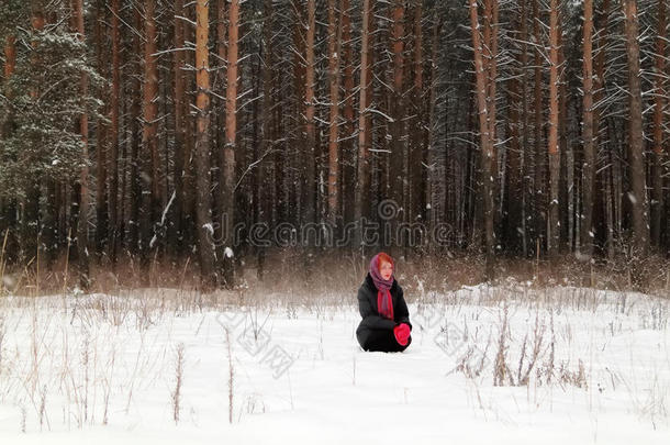 美丽的女孩坐在雪地上看向远方的冬日