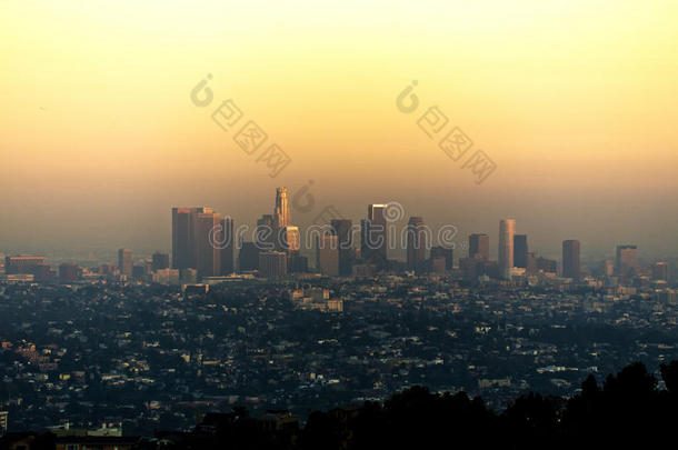 日落时分洛杉矶市区的天际线