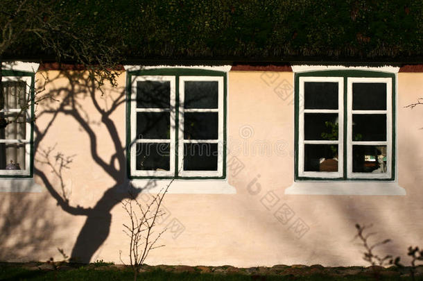 丹麦法诺岛一座住宅墙上的窗饰和树荫
