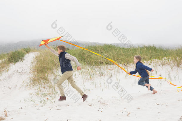 欢快的孩子们在海滩上和风筝一起跑步