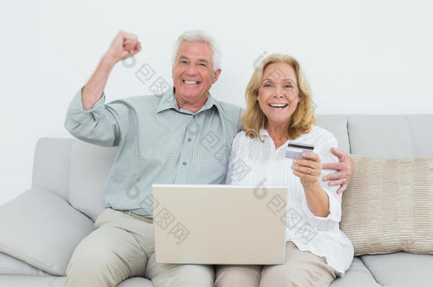 快乐的老年夫妇在沙发上网购