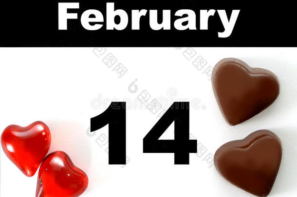 情人节日历页，有巧克力和红心