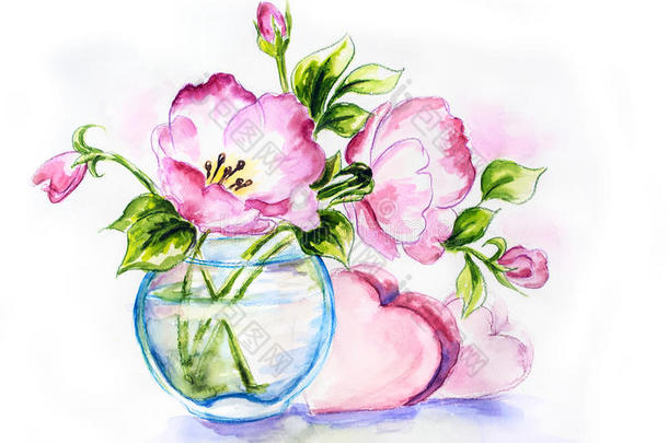 水彩花瓶里的春花