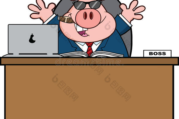 商务猪卡通，带墨镜，桌子后面有雪茄