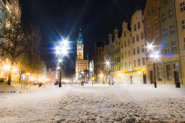 市政厅古镇格但斯克波兰欧洲。冬夜风光。