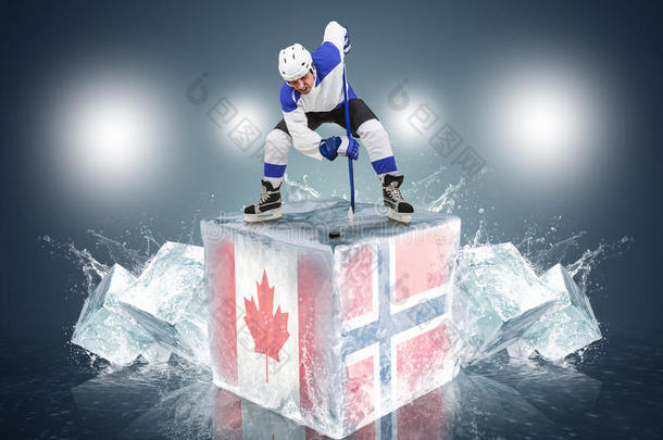 加拿大-挪威比赛。在冰块上与玩家对峙。